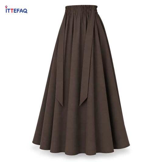 Women’s High-Waisted Brown Maxi Skirt with Elastic Waist & Tie Belt