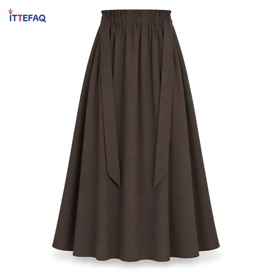 Women’s High-Waisted Brown Maxi Skirt with Elastic Waist & Tie Belt