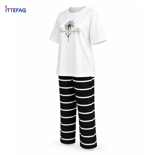 Women’s “Bloom Gracefully” Daisy Print Pajama Set with Striped Pants
