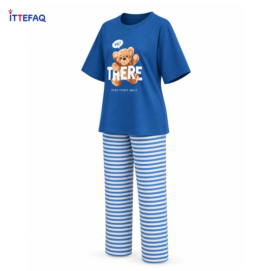 Women’s Teddy Bear Graphic Pajama Set with Striped Pants
