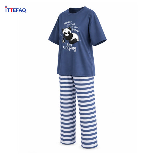 Women’s Panda Graphic Pajama Set with Striped Pants