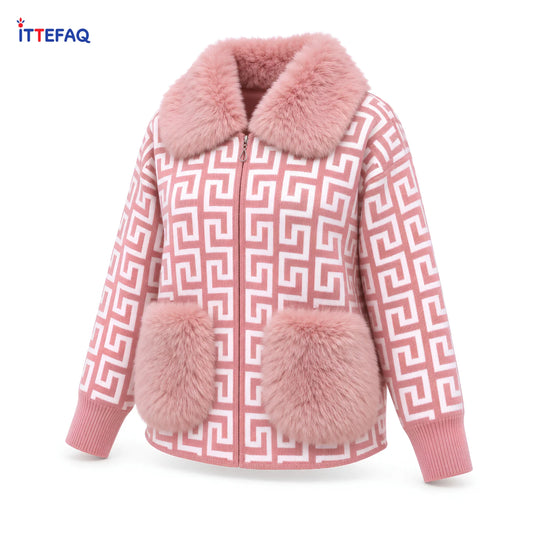 Women’s Geometric Knit Zip-Up Cardigan with Fluffy Collar & Pockets