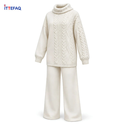 Women’s High-Neck Cable Knit Two-Piece Co-ord Set with Matching Trousers