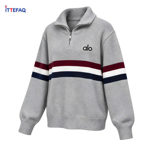 Women’s Striped Quarter-Zip Knit Sweater with Ribbed Collar