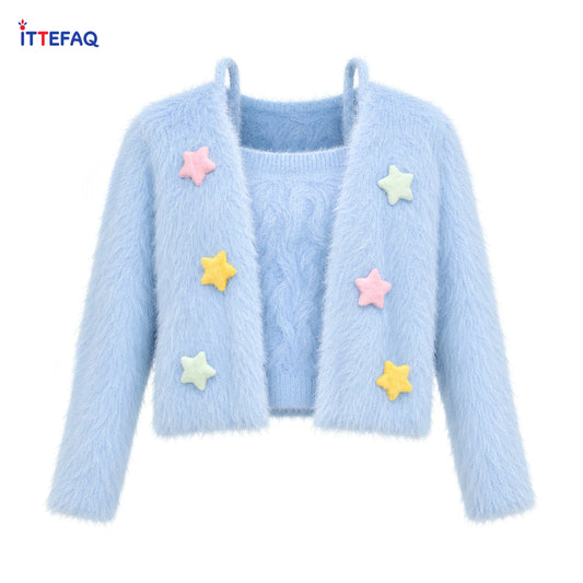 Women’s Fluffy Star Cardigan with Matching Camisole Inner Set