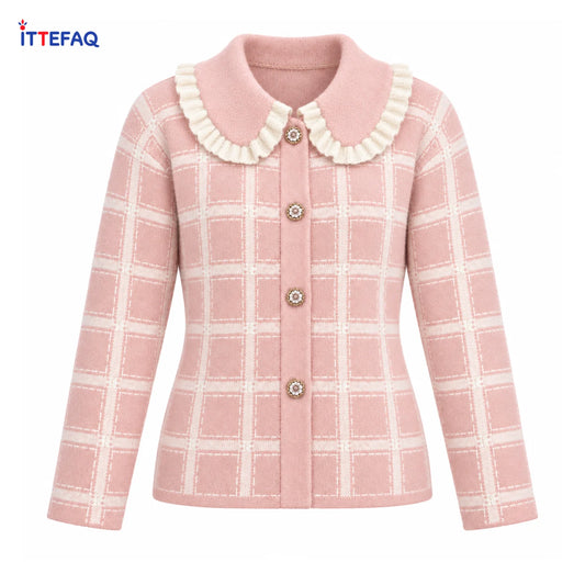 Title: Women’s Checked Knit Cardigan with Ruffle Collar & Floral Buttons
