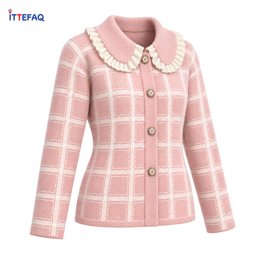 Title: Women’s Checked Knit Cardigan with Ruffle Collar & Floral Buttons