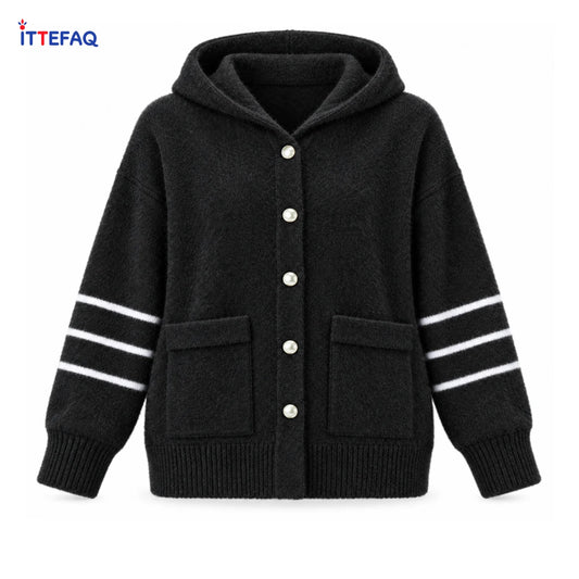 Women’s Fuzzy Hooded Cardigan with Striped Sleeves & Pearl-Look Buttons