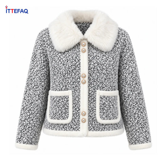 Women’s Patterned Winter Cardigan with Fluffy Collar & Pearl-Look Buttons