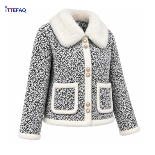 Women’s Patterned Winter Cardigan with Fluffy Collar & Pearl-Look Buttons