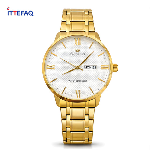 SUCCESS WAY Gold Stainless Steel Day-Date Watch
