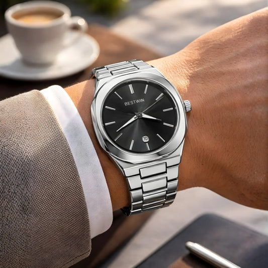 BESTWIN Silver Stainless Steel Black Sunburst Dial Watch