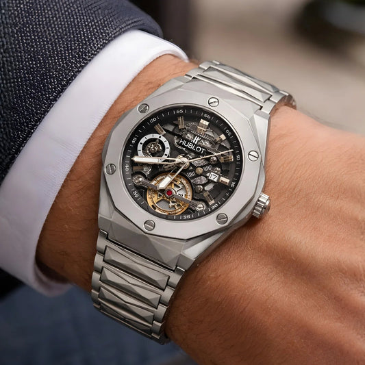 HUBLOT Semi-Automatic Skeletonized Watch with Stainless Steel Bracelet