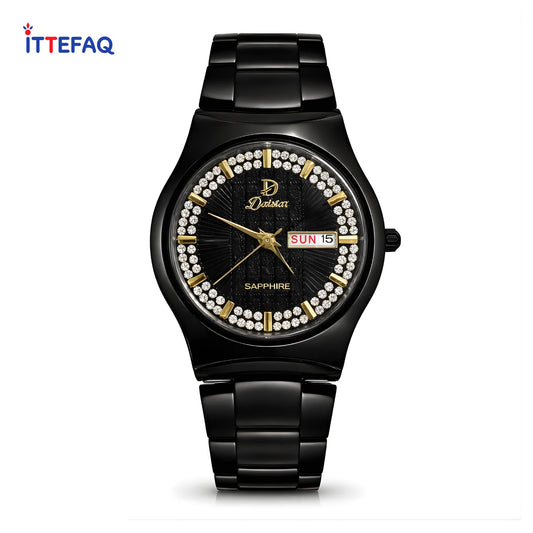 DAISTAR Black Stainless Steel Sapphire Watch with Diamond-Like Accents