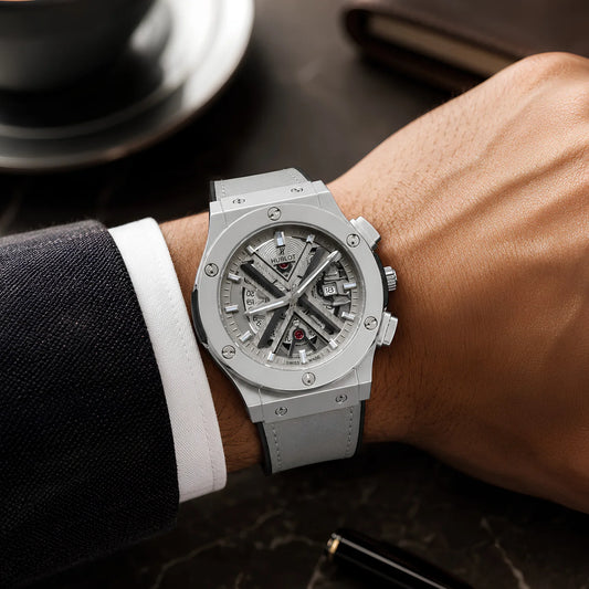 HUBLOT Big Bang Silver Skeleton Leather Strap Watch