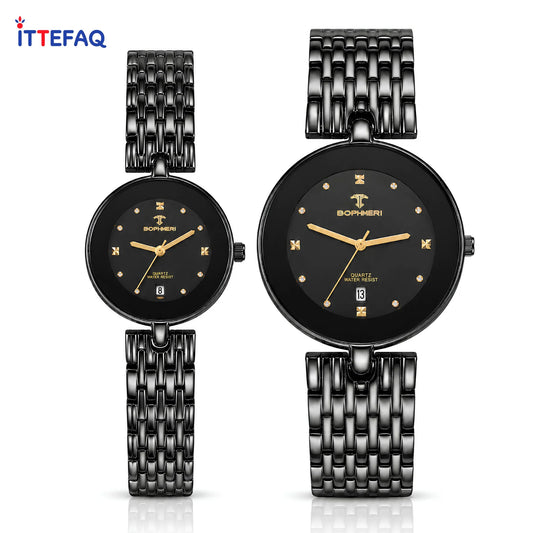 BOPHIERI Black Dial With Black Chain Couple Stainless Steel Watch