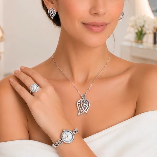 Premium Ladies Watch & Jewelry Gift Box Set – Silver Edition