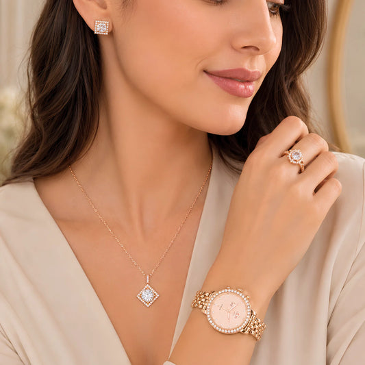 Premium Ladies Watch & Jewelry Gift Box Set – Rose Gold Edition