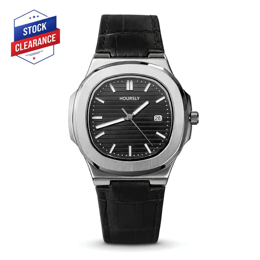 HOURSLY Black Dial Stainless Steel Leather Strap Watch