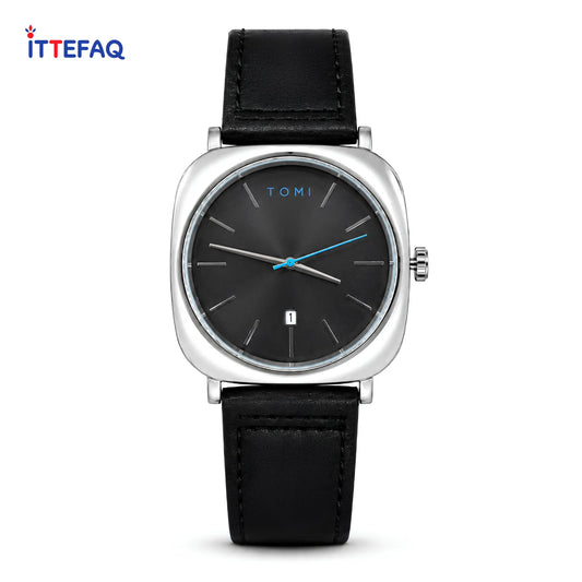 TOMI Square Bezel Circle Dial Leather Strap Watch