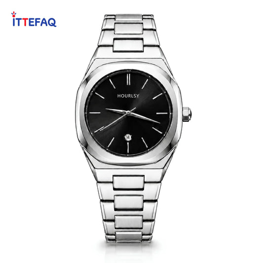HOURSLY Sunburst Silver Stainless Steel Watch with Date Display