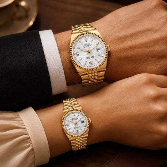 ROLEX White Dial with Gold-Tone Stainless Steel Bracelet Couple Watch Set