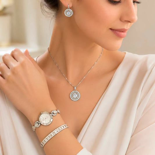 Premium Ladies Watch & Jewelry Gift Box Set – Silver Edition
