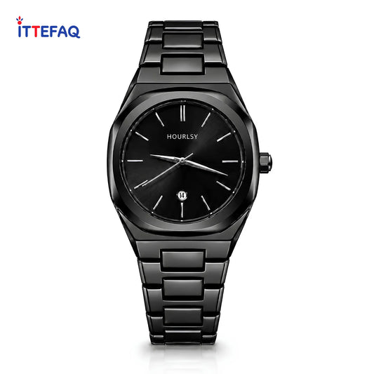 HOURSLY Sunburst Black Stainless Steel Watch with Date Display