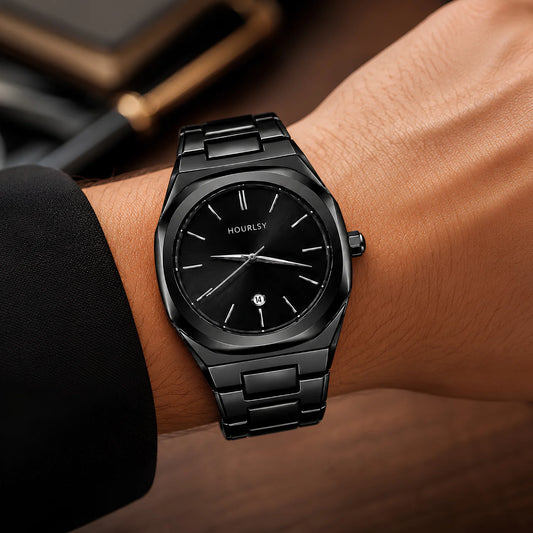 HOURSLY Sunburst Black Stainless Steel Watch with Date Display