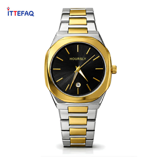 HOURSLY Sunburst Dual-Tone Stainless Steel Watch with Date Display