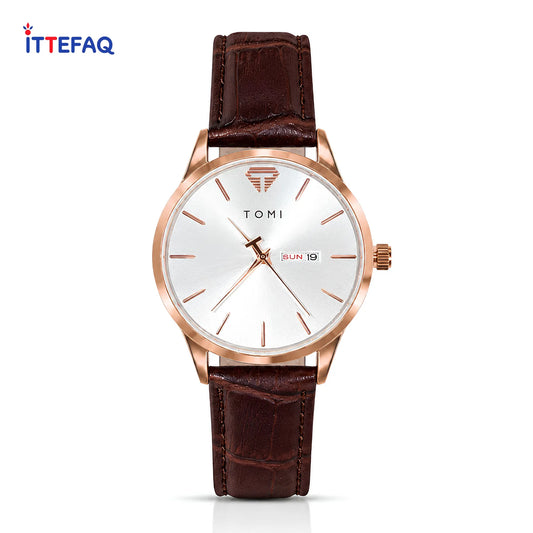 TOMI Circle Dial Day-Date Leather Strap Watch