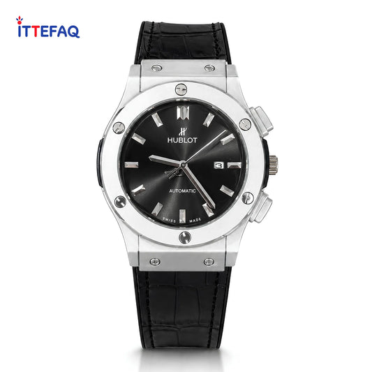 HUBLOT Plain Dial Silver Case Leather Strap Watch