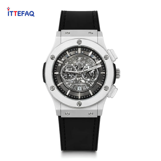 HUBLOT Skeleton Dial Silver Case Chronograph Leather Strap Watch