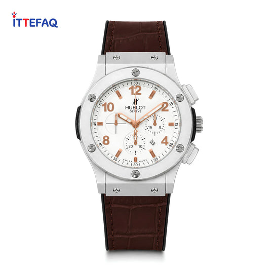 HUBLOT White Dial Silver Case Chronograph Brown Leather Strap Watch