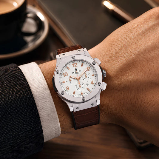 HUBLOT White Dial Silver Case Chronograph Brown Leather Strap Watch