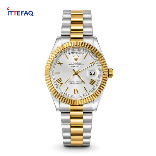ROLEX Oyster Day-Date Roman Silver & Dial Dual-Tone Stainless Steel Watch