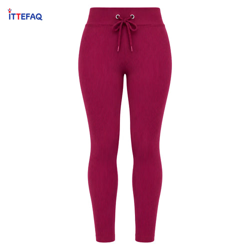 Women’s Imported High-Waist Ribbed Stretch Gym Tights with Drawstring
