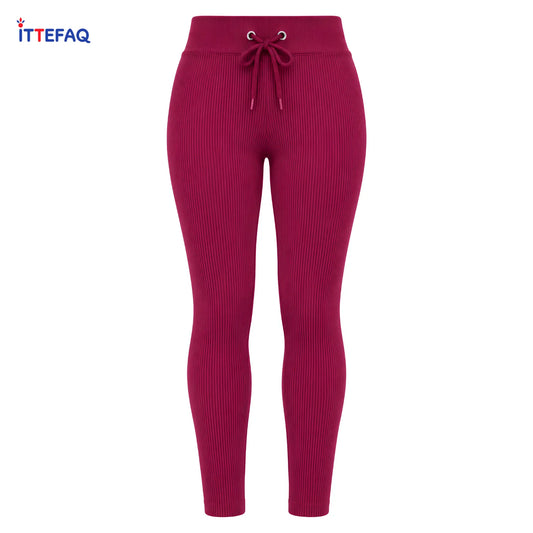 Women’s Imported High-Waist Ribbed Stretch Gym Tights with Drawstring