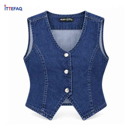 Aura Galaxy Women’s Denim Fitted V-Neck Button-Front Waistcoat Vest Top