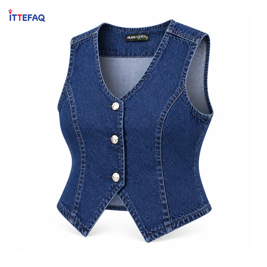 Aura Galaxy Women’s Denim Fitted V-Neck Button-Front Waistcoat Vest Top