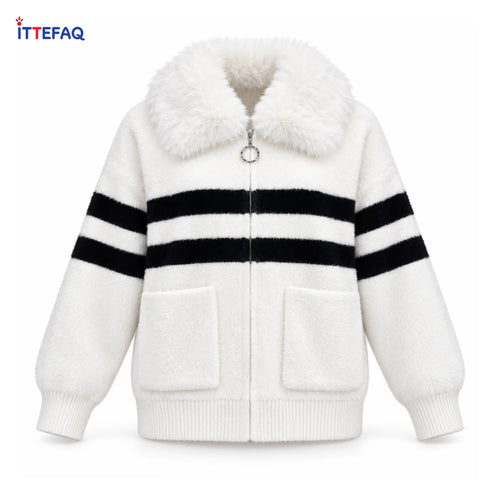 Women’s Fuzzy Zip-Up Cardigan with Stripes, Faux Fur Collar & Patch Pockets