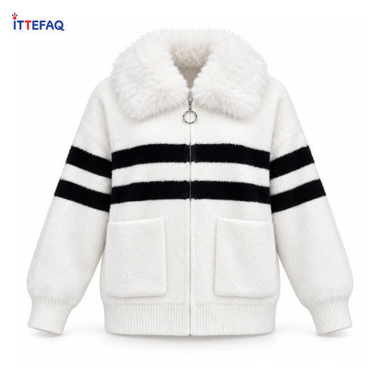 Women’s Fuzzy Zip-Up Jacket with Stripes, Faux Fur Collar & Patch Pockets