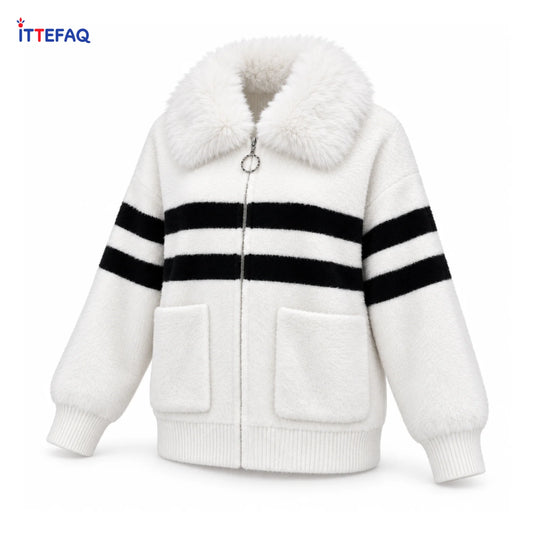 Women’s Fuzzy Zip-Up Jacket with Stripes, Faux Fur Collar & Patch Pockets