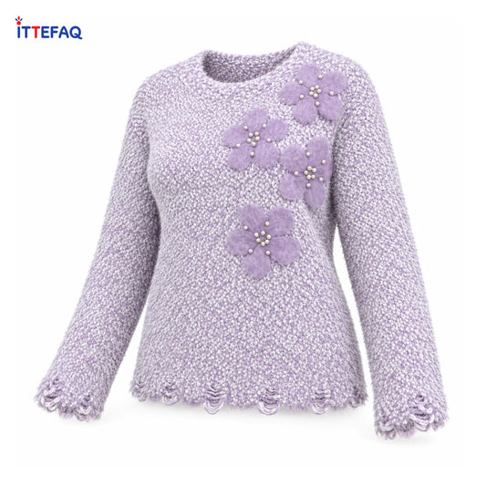 Women’s Fuzzy Knit Sweater with 3D Floral Pearl Embellishments