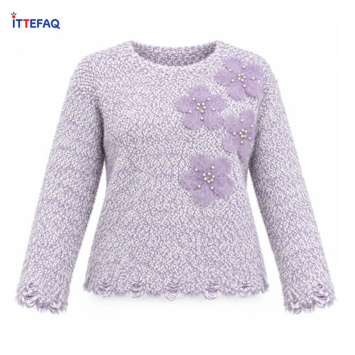 Women’s Fuzzy Knit Cardigan with 3D Floral Pearl Embellishments