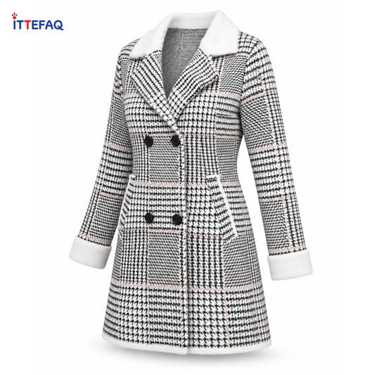 Women’s Plaid Double-Breasted Long Coat with Contrast Collar & Cuffs