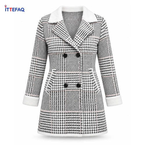Women’s Plaid Double-Breasted Long Coat with Contrast Collar & Cuffs