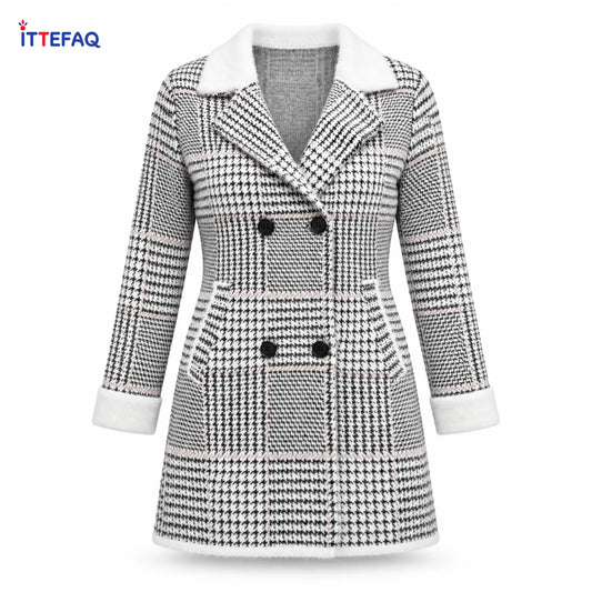 Women’s Plaid Double-Breasted Long Coat with Contrast Collar & Cuffs
