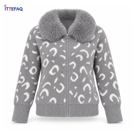 Women’s Fuzzy Zip-Up Jacket with Faux Fur Collar & Abstract Print
