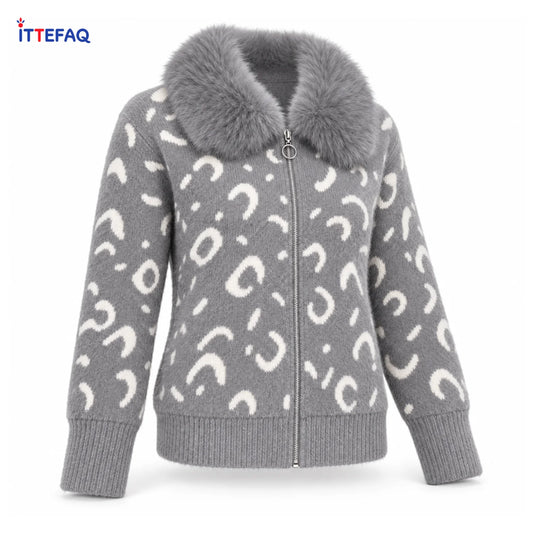 Women’s Fuzzy Zip-Up Jacket with Faux Fur Collar & Abstract Print